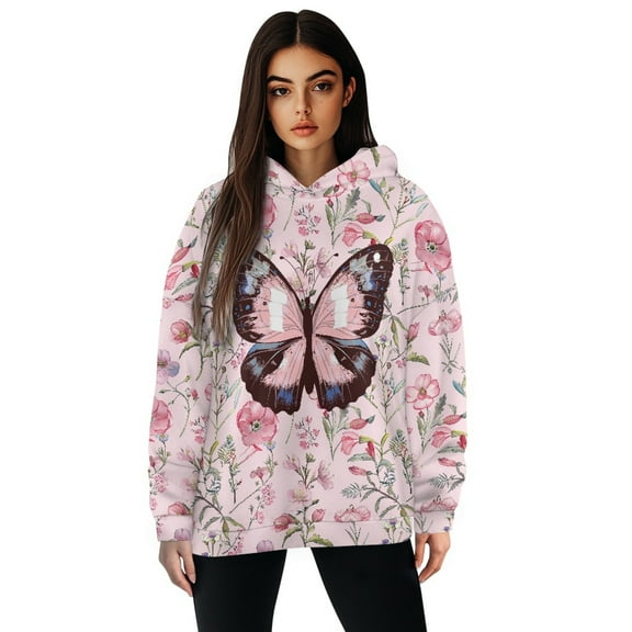 SCRAWLGOD Butterfly Flowers Print Women's Hoodies Pullover Oversized Sweatshirt for Women Plus Size 2XL Comfortable Womens Hoodie Graphic Crewneck Ladies Hooded Sweaters Fitness