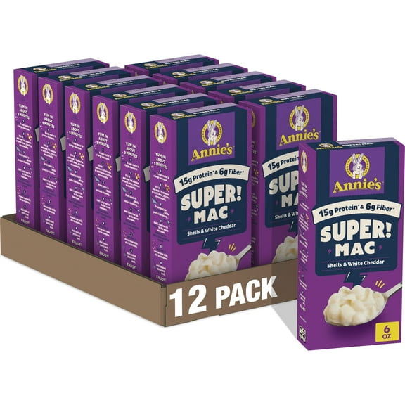 (12 pack) Annie's Super! Mac, Macaroni And Cheese, Shells and White Cheddar, 6 oz