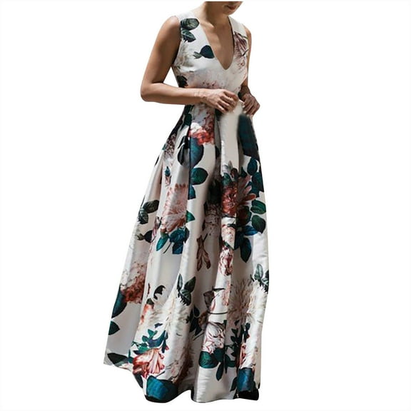 Qulqfy White Women's Dresses V Neck Floral Pleated Flowy Sundress Tunic Maxi Dresses L