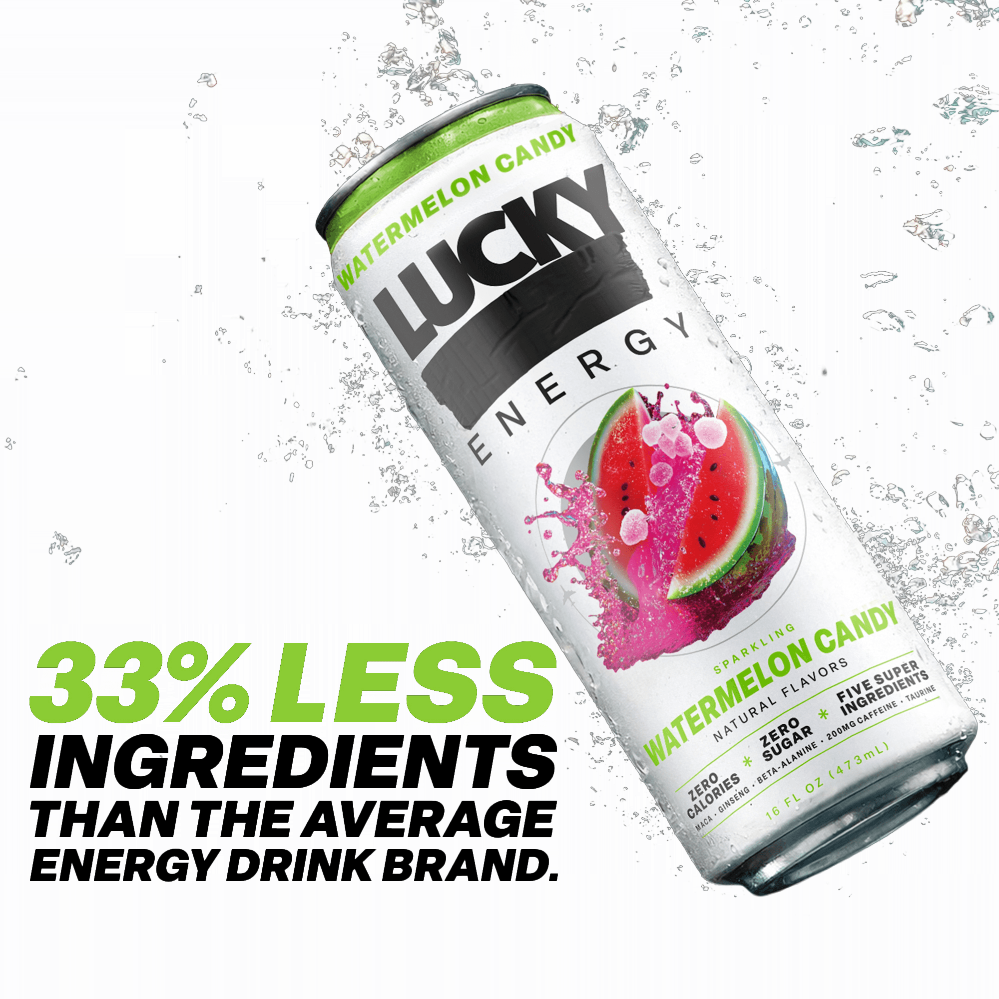 Lucky Energy Sugar Free Energy Drinks 16 fl oz Can, Watermelon Candy with Maca, Ginseng, Taurine, Beta-Alanine, 200mg Caffeine, Zero Calories