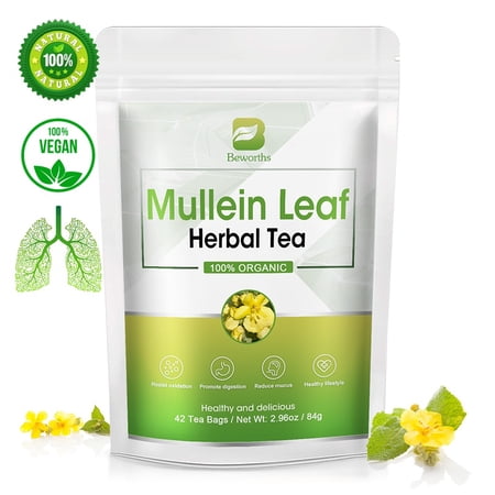 Herbal Mullein Leaf Tea, BEWORTHS Mullein Tea Bag Supplement, Lung Cleansing Relieve Cough Detoxification Boost Immunity(42 Day Supply)