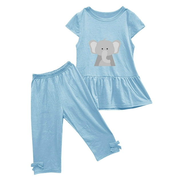 Birdeem Chemises pour Filles Été Col Rond Petit Imprimé Manches Courtes Manches Volantes Taille Élastique Pantalon Court Ensemble Deux Pièces