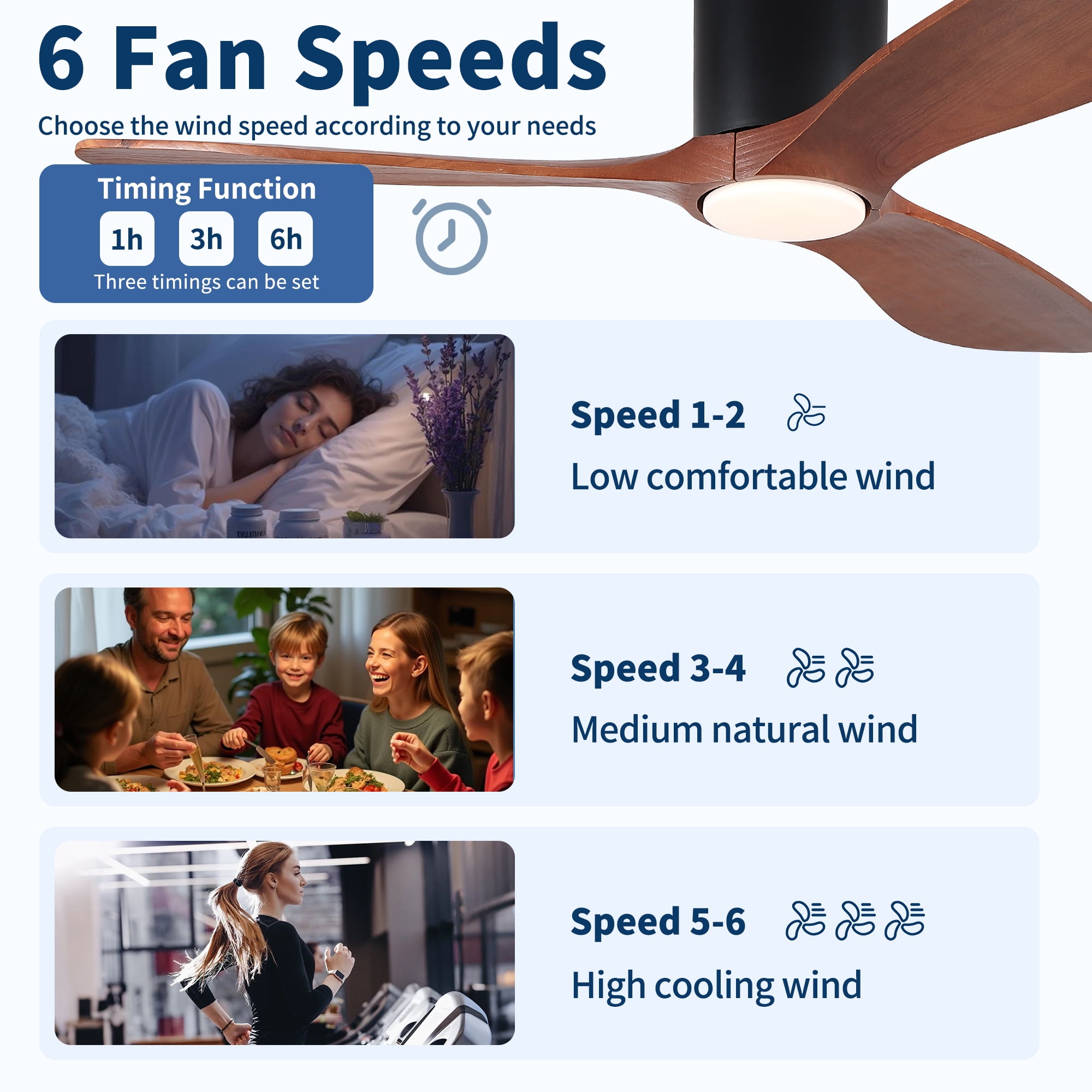 Leumius 52" Mordern Farmhouse Retro Solid Wood Low Profile Flush Mount Ceiling Fan with Light and Reversible Quiet Motor for Living Room Bedroom