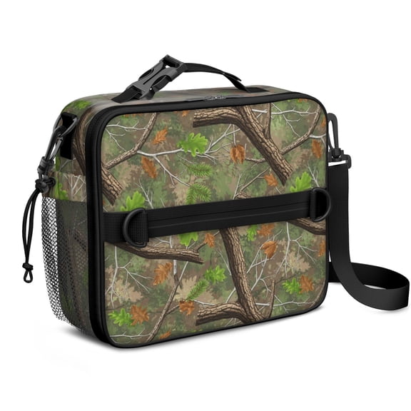 Camo and Branch Brown Pattern Insulated Lunch Bag with Shoulder Strap and Bottle Holder,Bento School Lunch Bag Box,11x9.5x3.5 Inches