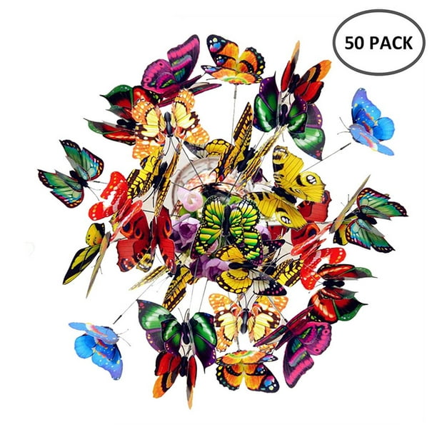HAKACC Butterfly Stakes, 50pcs 9cm Garden Butterfly Ornaments, Waterproof  Butterfly Decorations for Indoor/Outdoor Yard, Patio Plant Pot, Flower Bed,  Home Decoration : : Garden