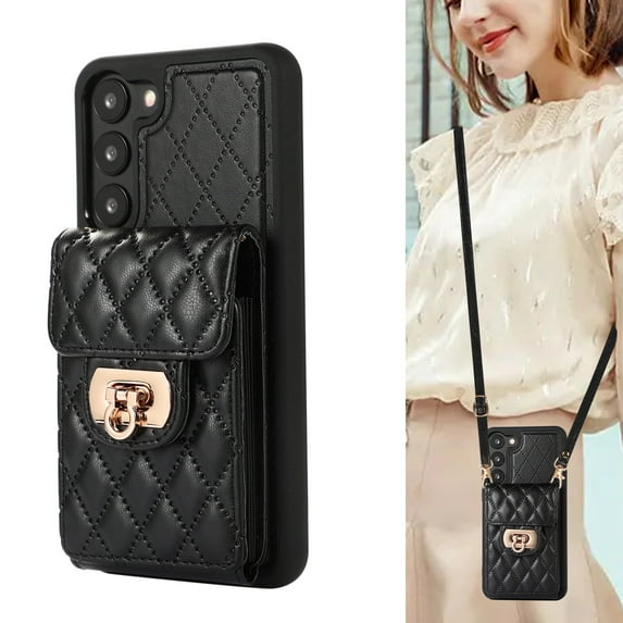 ELEHOLD for Samsung Galaxy S21 FE Wallet Case with Card Holder, PU Leather Shockproof Crossbody Case with Metal Snap Adjustable Strap Lanyard Compatible with Samsung Galaxy S21 FE,Black