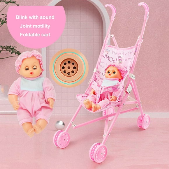 1 Set Doll Stroller Sturdy Easy-Fold Lightweight Creative Doll Pram Toy with Baby Doll for Girl