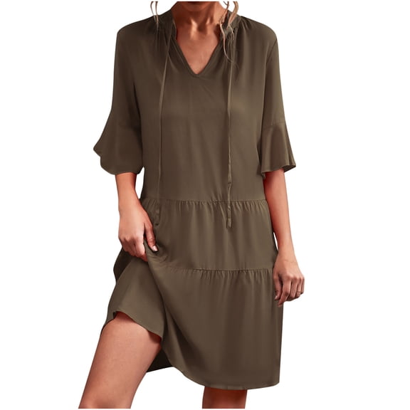 Babysbule Woman Summer Dresses Fashion Women Summer Half Sleeve Bandage Solid Color V-Neck Flare Sleeve Dress