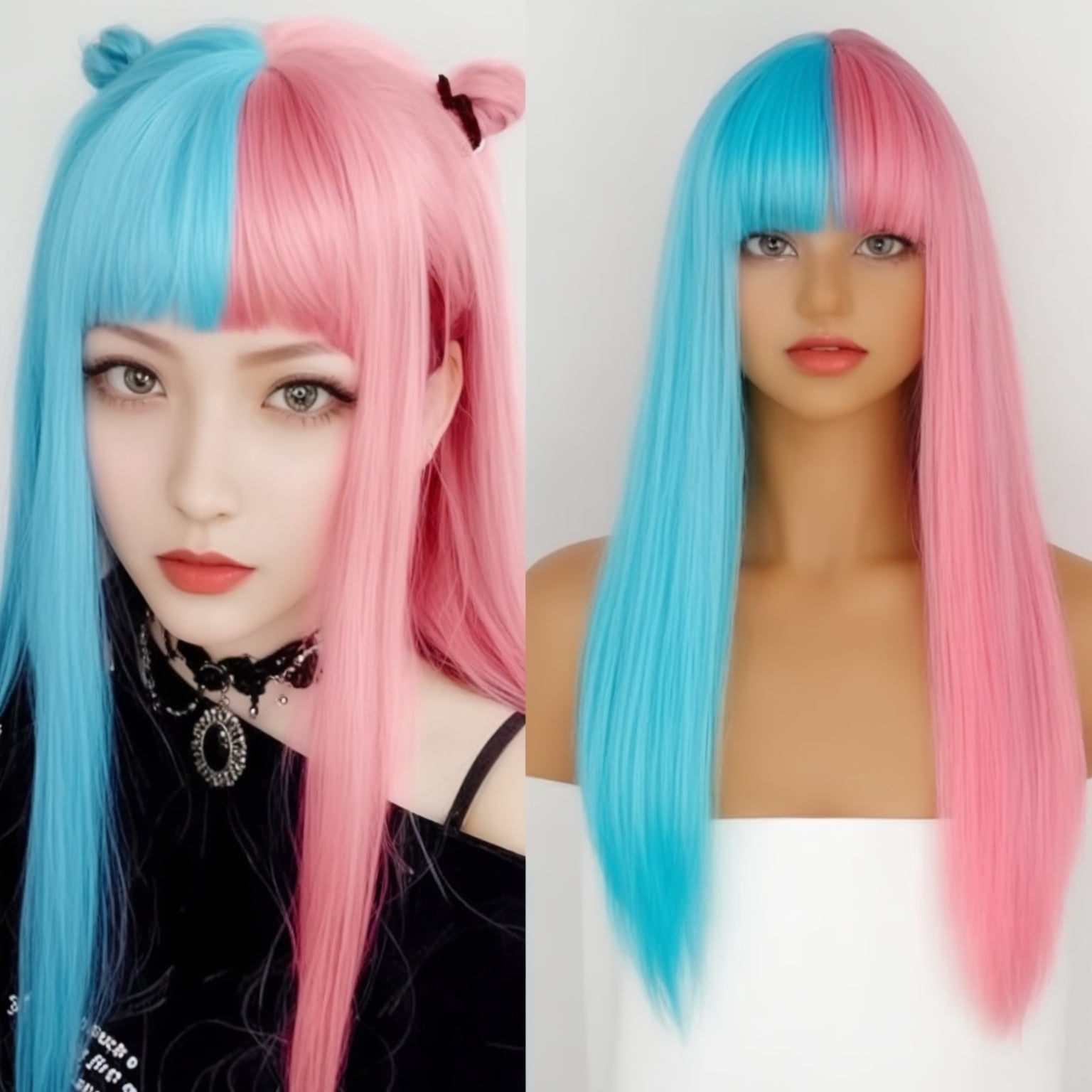 DOPI Brazilian Virgin Hair Full Lace Cap Band Human Hair Wigs For Black Women Fashion Sexy Wig Half Blue & Half Pink Synthe