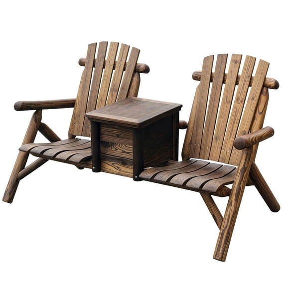 GVN Patio Accent Chair, Outdoor Adirondack Chairs, Double Wooden Adirondack Chair with Ice Bucket, Outdoor Loveseat with High Backrest, Rustic Brown
