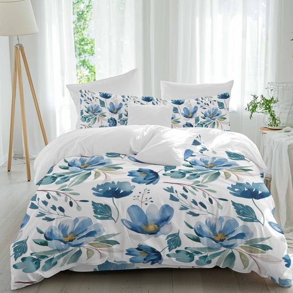 Blue Green Floral Queen Size Comforter Set, Vintage Watercolor Pastoral Flower Leaf Bedding for All Seasons, 4 Pcs Bed Set, 1Quiltcover (90"x92") ,1Sheet(94"x116"), 2Pillowcases (30"x20")