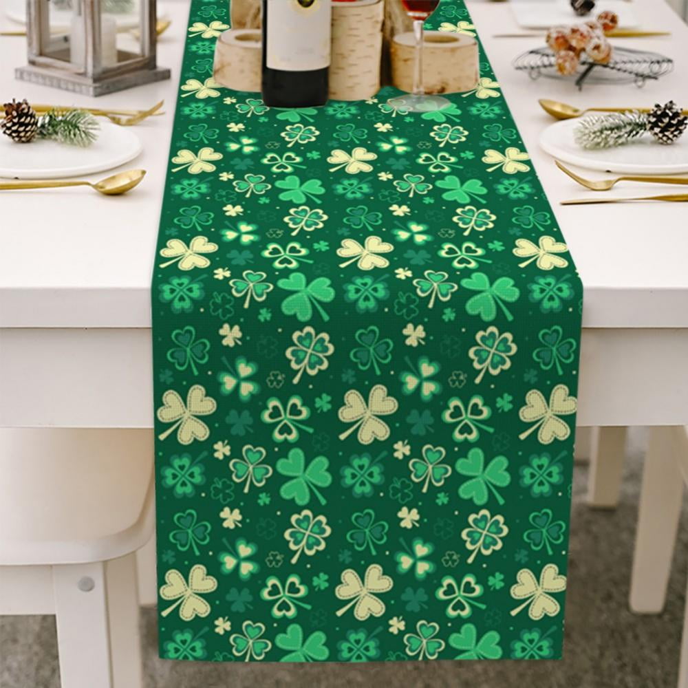 Table Runner Linen Burlap Clover Leaf Green Shamrock Table Linens Non-Slip Runners for Dinner Holiday Parties Events Decor Scotch Style Check Plaid 13x70 inches 