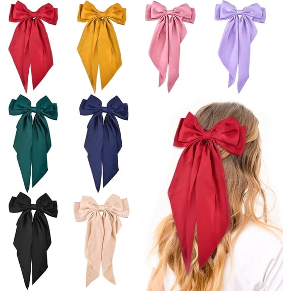Big Hair Bows for Women, 8Pcs Big Hair Ribbon with Long Tail, Long Silky Satin Hair Clip for Girls, Colorful French Style Barrettes Large Hair Accessories, Cute Gifts for Little Girl Womens