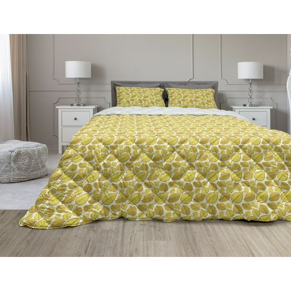 Autumn Comforter & Sham Bedding Set, Leaves of Fall Season Woodland Foliage November September Illustration, 3 pcs Duvet Set Microfiber Filling Quilt, 5 Sizes, Earth Yellow Eggshell, by Ambesonne