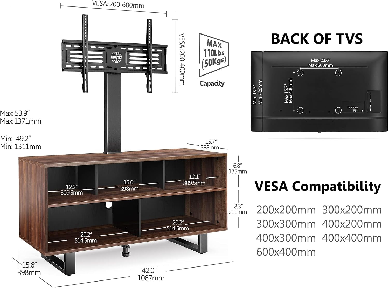 FITUEYES Floor TV Stand for 32–70 Inch TVs, Black, Swivel Mount