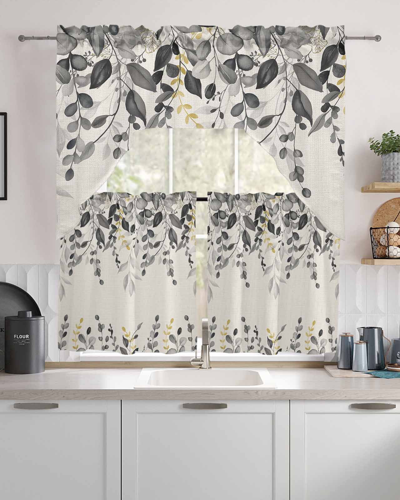 Grey Eucalyptus Kitchen Curtains Sets for Windows 3 Piece, Farmhouse Weeping Leaves on Linen Kitchen Curtains and Valances Tier Set 36 Inch Length Swag Curtain for Living Room Cafe Bathroom Bedroom