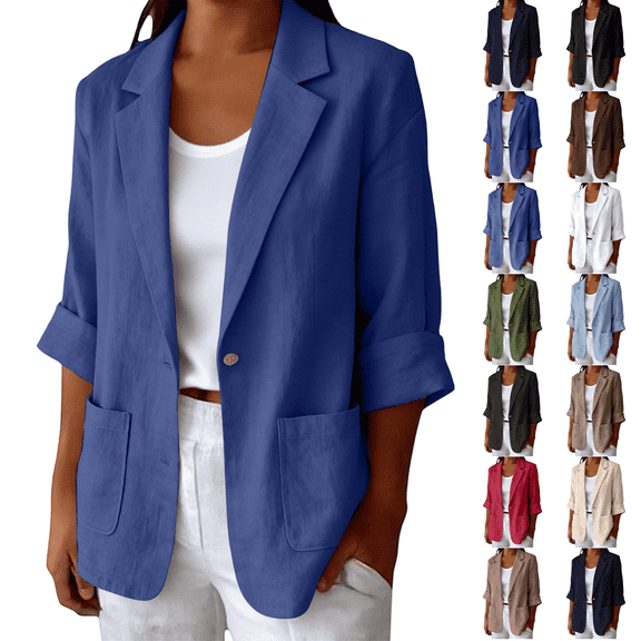 Long Sleeve Linen Blazer Womens Casual Spring Summer Fall Lightweight Jackets Blue 2XL