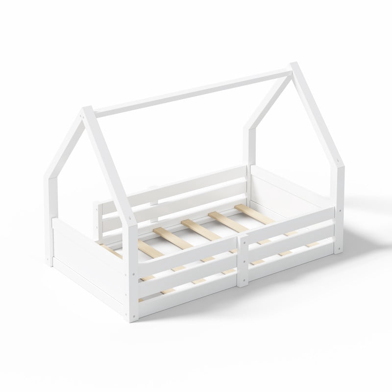 Euroco Wood Twin Size Platform Bed, Low Profile House Floor Bed with Guardrails, White