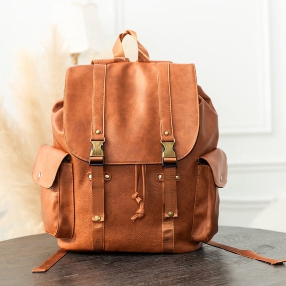 Vintage Leather Style Backpack, Retro Casual Laptop Backpack with Multiple Pockets, Water Resistant PU Leather Daypack for Men Women, for School, Work, Travel & Daily Commute