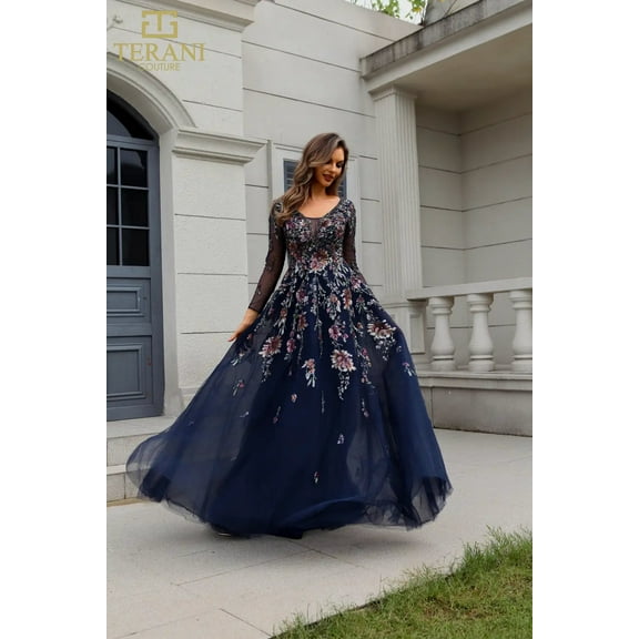 Women's Terani Couture 251m4408 Embellished Long Sleeve Formal evening elegant Gown Navy Blue Multi 18