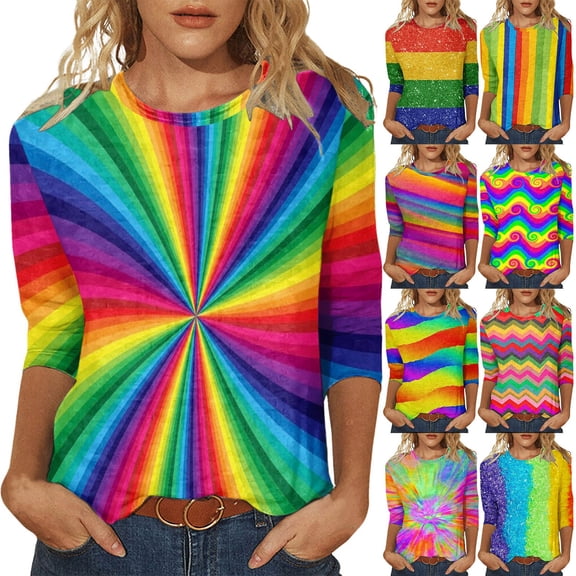 QHWAUAKFBN T Shirts For Women Loose Fit Round Neck Carnival Colorful Printed Three Quarter Sleeved 3 Tshirts Top