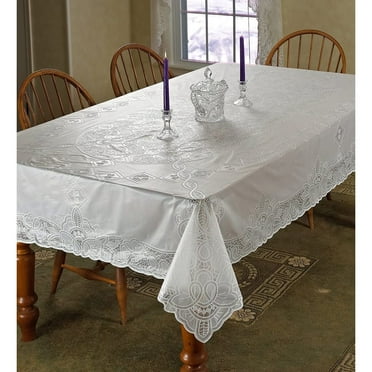 Vinyl Lace Embossed Betenburg Design Tablecloth, White, 60x104 Inches