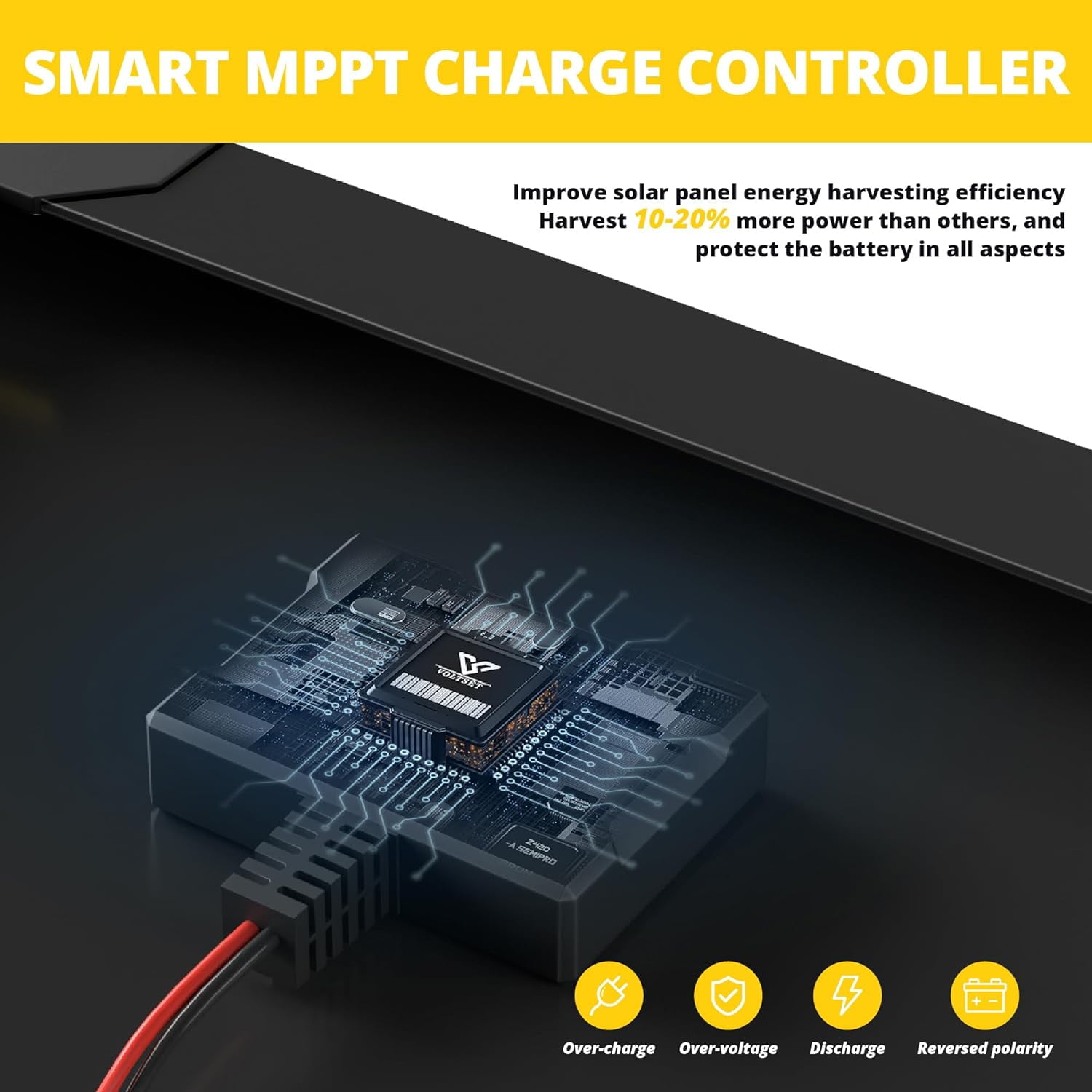 Voltset 10W 12V Waterproof Solar Battery Trickle Charger & Maintainer, Solar Panel Built-in MPPT Charge Controller with Tubular Bracket, SAE Cables for Automatic Gate Opener, Electrical Fence