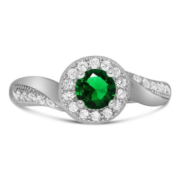 Antique Designer 1.75 Carat Green Emerald 6mm Round Cut Moissanite Diamond Engagement Ring for Her in 10k White Gold