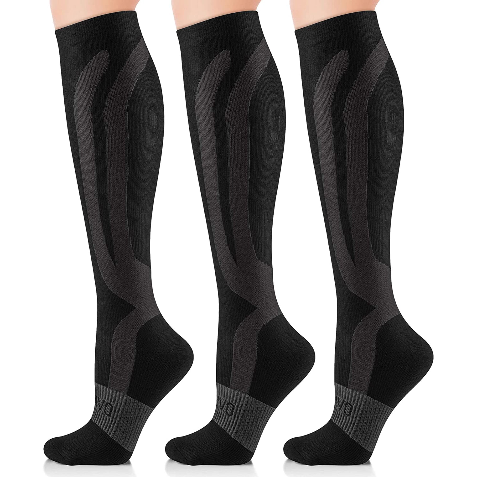 CAMBIVO Compression Socks for Women and Men, 3 Pairs 20-30 mmHg Knee High Support Stockings for Running, Flight, Travel, Pregnancy, Nurses, Circulation and Recovery, Black, L-XL
