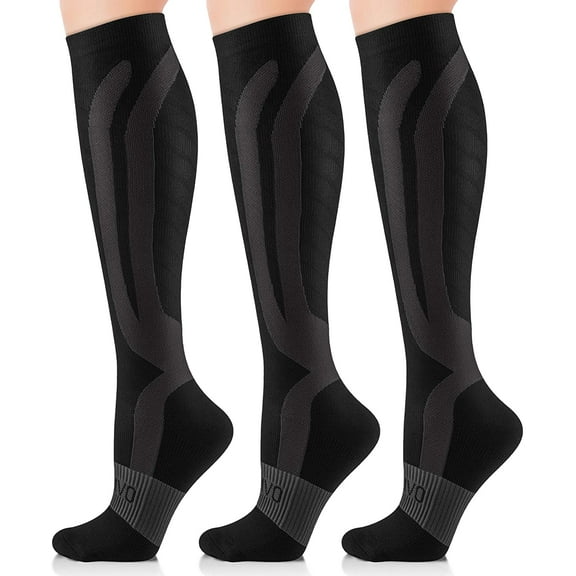 CAMBIVO Compression Socks for Women and Men, 3 Pairs 20-30 mmHg Knee High Support Stockings for Running, Flight, Travel, Pregnancy, Nurses, Circulation and Recovery, Black, L-XL