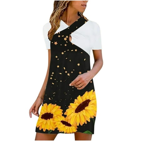 

Dresses for Women Black Dress Women Sexy Causal Cross Hollow Out Splicing Floral Print Short Sleeve Mini Dress Maternity Dress Dresses for Women Skims Dupes Dress on Clearance Yellow L