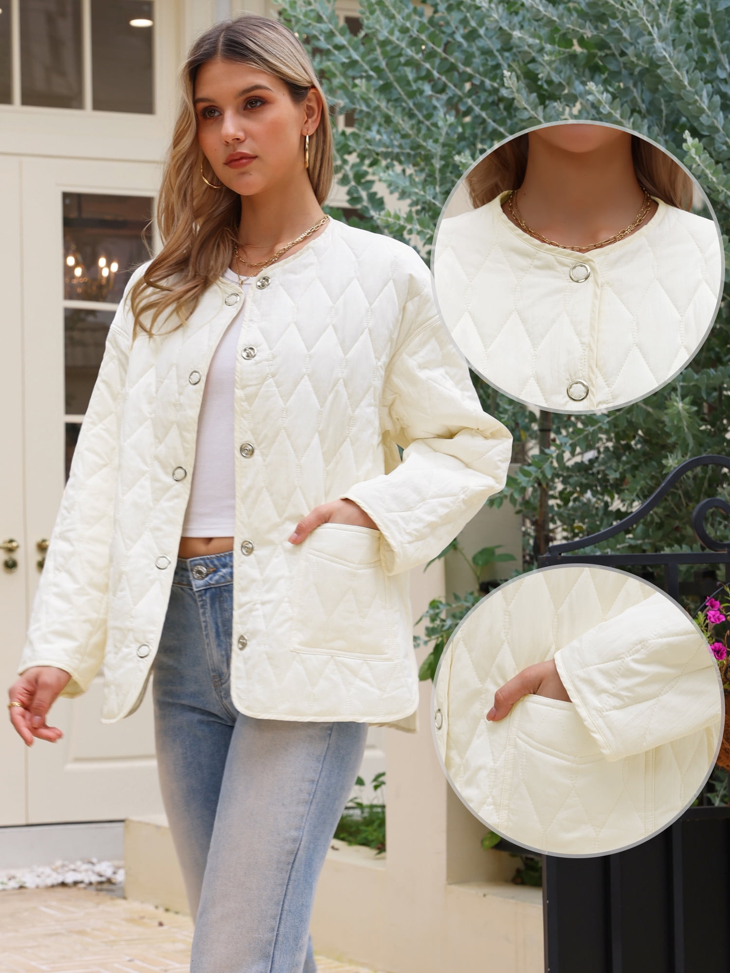 DARING DIVA Women's Lightweight Snap Button Long Sleeve Puffer Jacket M White
