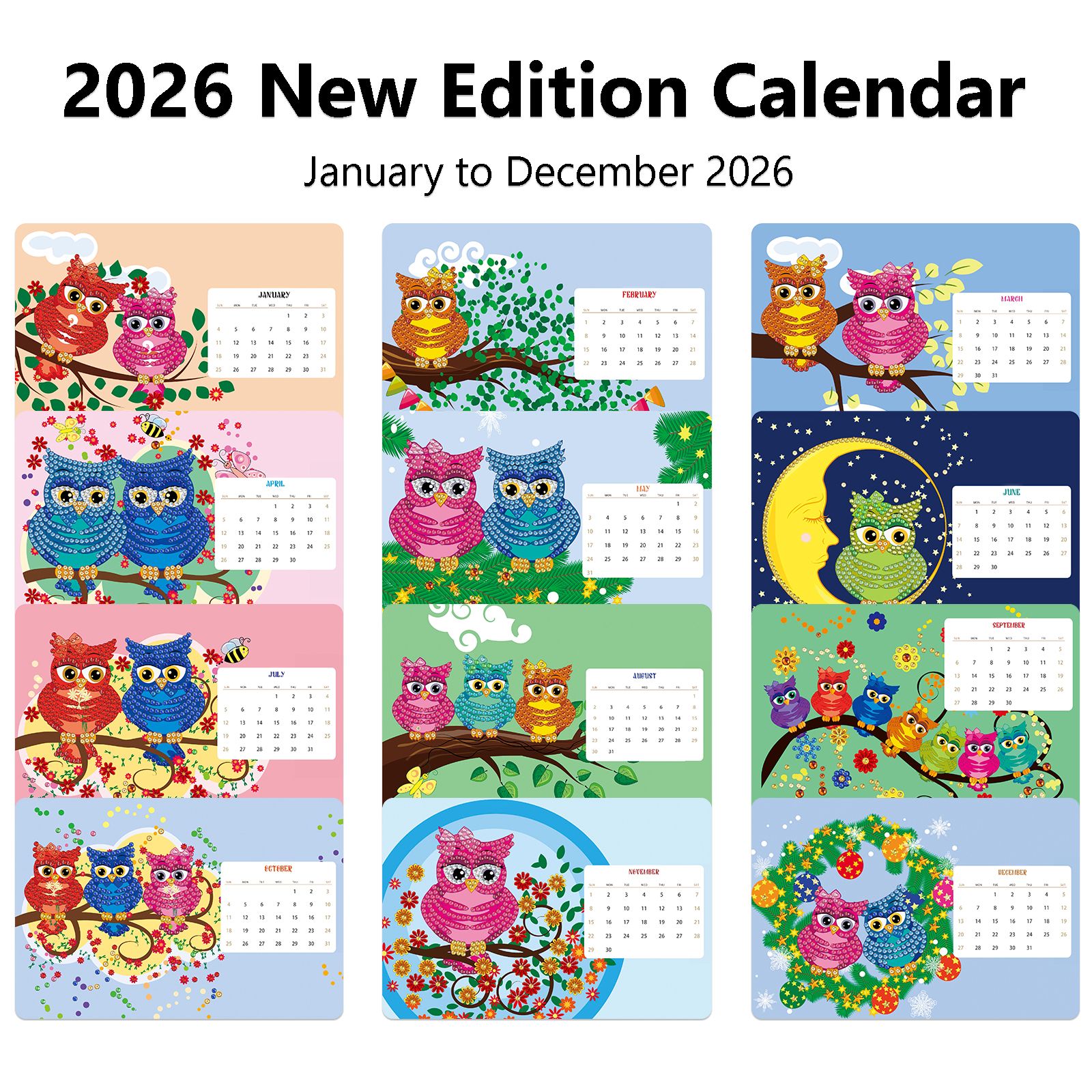 FLOPESN 2026 Desk Calendar DIY Diamond Painting Craft Kit, 7.68*6.69 in Paper Calendar with Special Drills for Home Office Decor-Colorful Owl