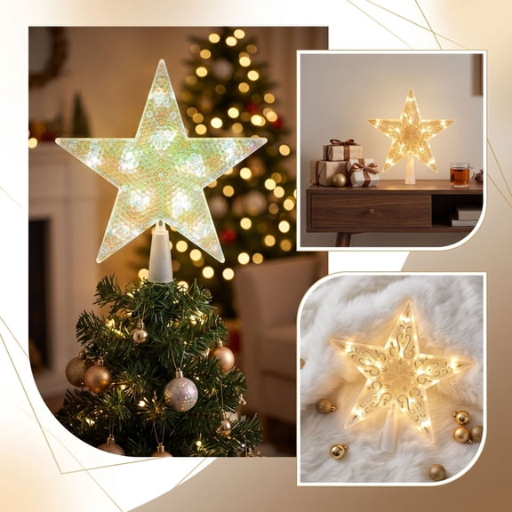 8.46x8.66in Lighted Christmas Star Tree Topper, Warm White LED Flashing Hollow Glitter Star, Xmas Tree Top Ornament for Holiday Decor