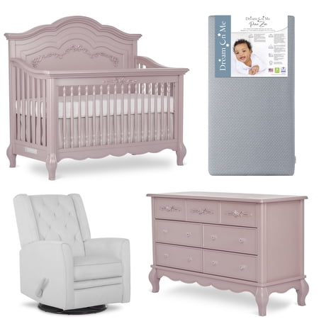 Evolur Nursery Essentials Bundle of Aurora 5-in-1 Convertible Crib, Aurora Double Dresser & Linda Swivel Glider with Massager, with a Premium Dream On Me Crib Mattress