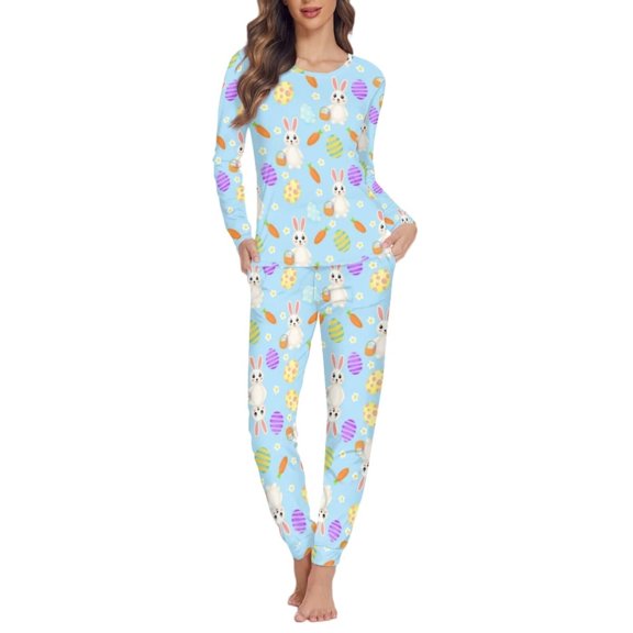 Renewold Blue Pj Set for Women Easter Egg Clothing Pajamas for Fall Spring Winter 2 PCS Comfort Rabbit Carrot Walking Jogger Pajama Shirt Size M, Holiday Gifts