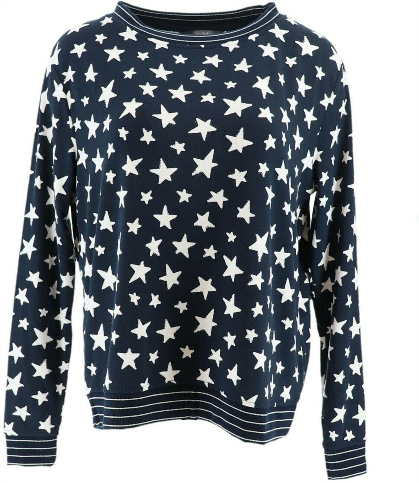 AnyBody Loungewear Printed Hacci Sweatshirt Navy Star L NEW A302193 