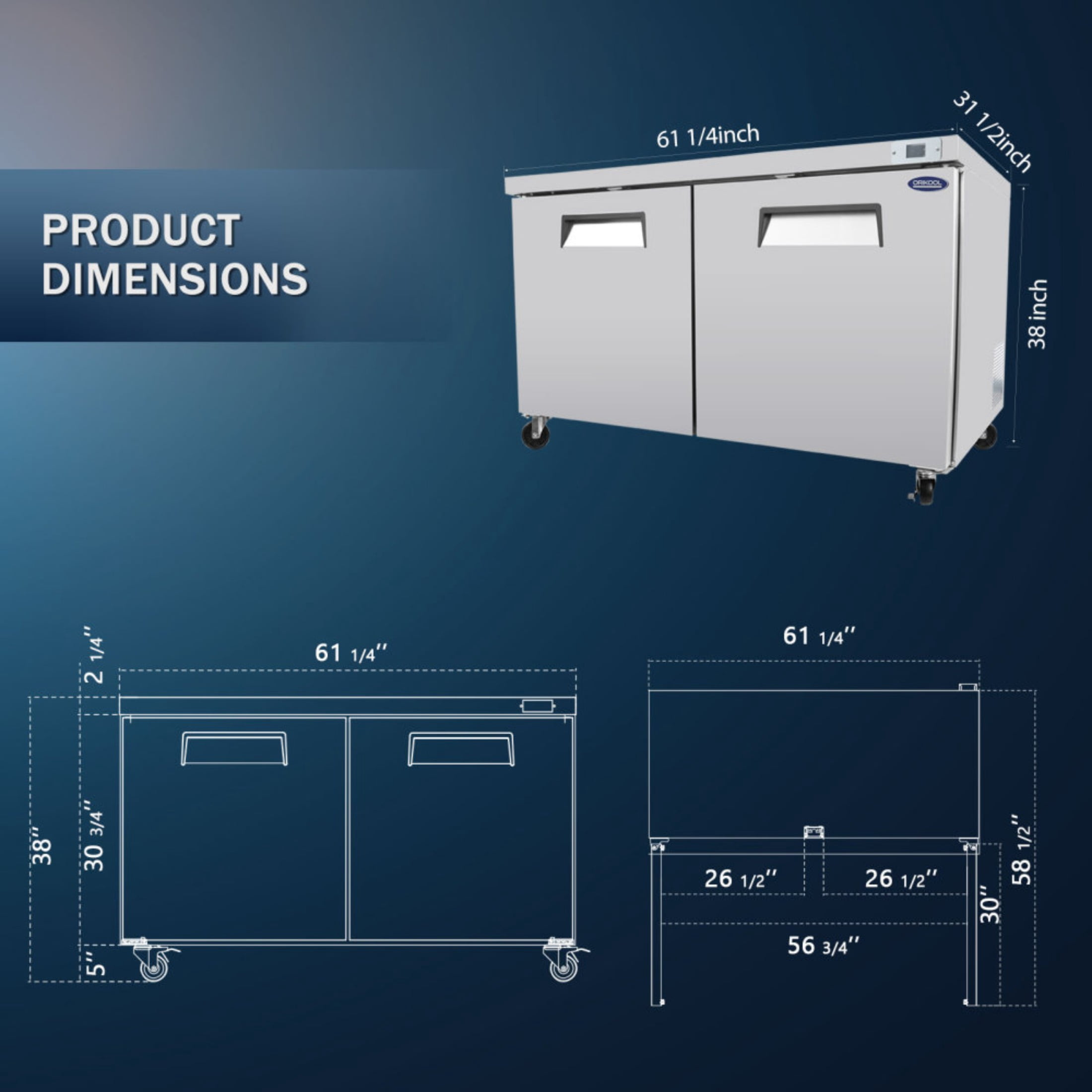 ORIKOOL 60" Commercial Under Counter Freezer 2 Door 18.5 Cu.ft Undercounter Work Top Freezers ETL Approved(LTL carry)