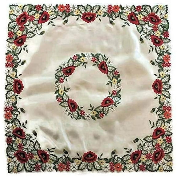 Doily Boutique Tablecloth or Table Topper Square Embroidered with Red Poppy Flowers on Ivory Fabric, Size 34 inches