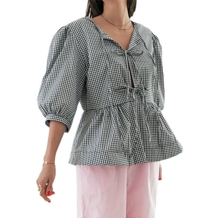 Tasdouyy Women Plaid Bow Tie Front Shirt Top Cute Puff Sleeve Y2K Peplum Ruffle Babydoll Blouse Lace Up Summer Going Out