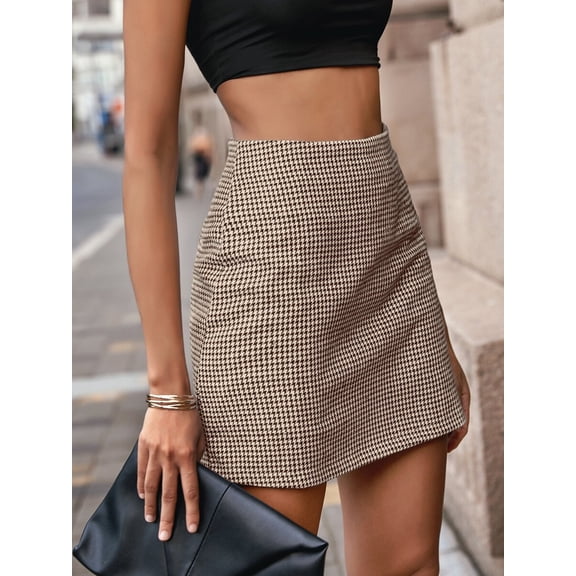 Multicolor Houndstooth High-Rise Mini Skirt, A-Line Regular Fit Casual Womens Skirt