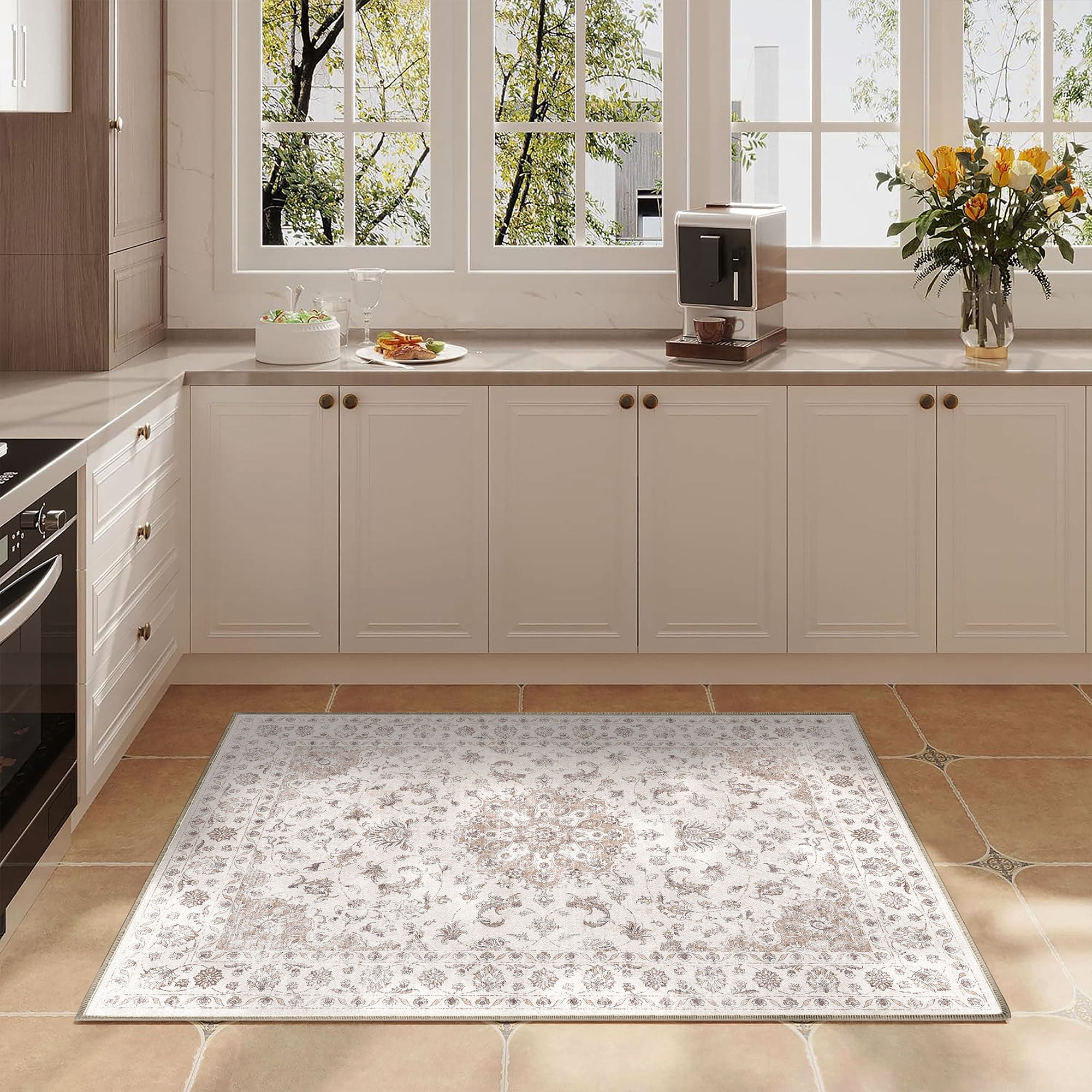 BERTHMEER 3'x5' Small Washable Brown Vintage Area Rugs for Bathroom Bedroom Entryway Kitchen Rugs Non Slip Vintage Traditional Dorm Office Oriental Medallion Rugs Carpets