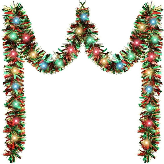 16.4 ft Christmas Garland with 50 LED String Lights, Metallic Twist Tinsel Prelit Decoration for Xmas New Year Home Outdoor Tree Party Supplies
