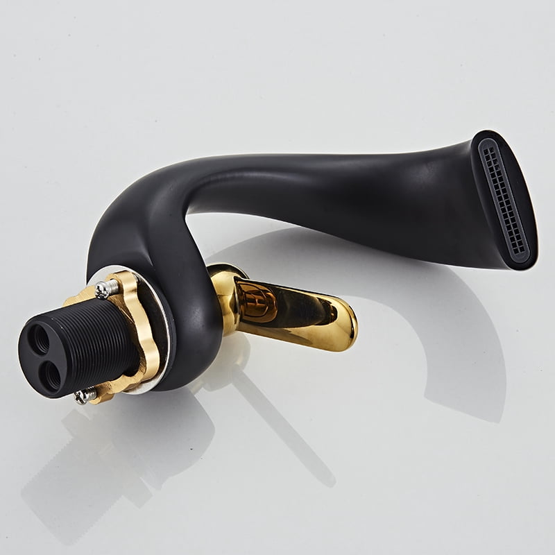 SOKNARKU Bathroom Sink Basin Waterfall Faucet Brass Deck Mount Single Hole Single Handle Cold And Hot Mixed Modern Creative Design Tap Including Two US Standard 3/8 Hoses Black Gold