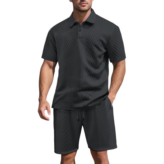 Men's Textured Short Sleeve Collared Shirt & Shorts Set Black S