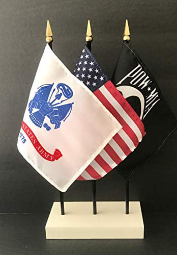 UNITED STATES MILITARY FLAG SET with Solid White Stand--7 Rayon 4x6 Flags Set with POW/MIA Flag and no Space Force MADE IN THE USA! One Flag For Each Service; 4x6 Miniature Small Mini Desk Flags