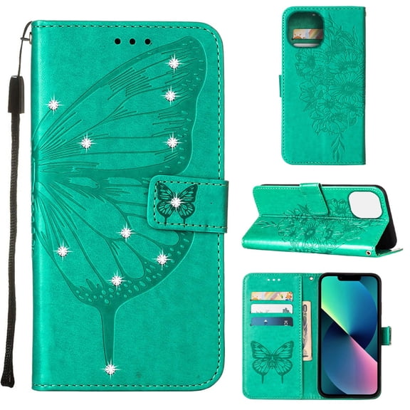 SaniMore Case for iPhone 14 (6.1" 2022), PU Leather Luxury Embossed Butterfly Glitter Diamond [Wrist Strap & Card Slots & Flip Kickstand] Full-body Shockproof Wallet Cover for iPhone 14, Green