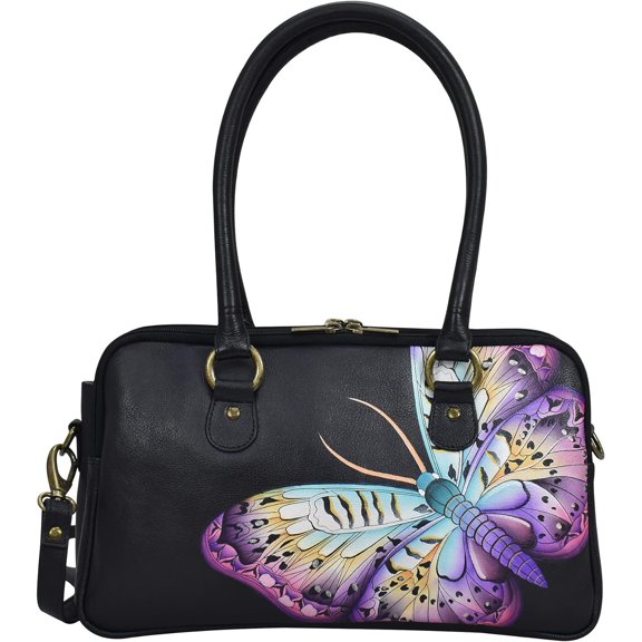 Anna by Anuschka Women's Hand-Painted Genuine Leather Multi Compartment Satchel - Magical Wings Black