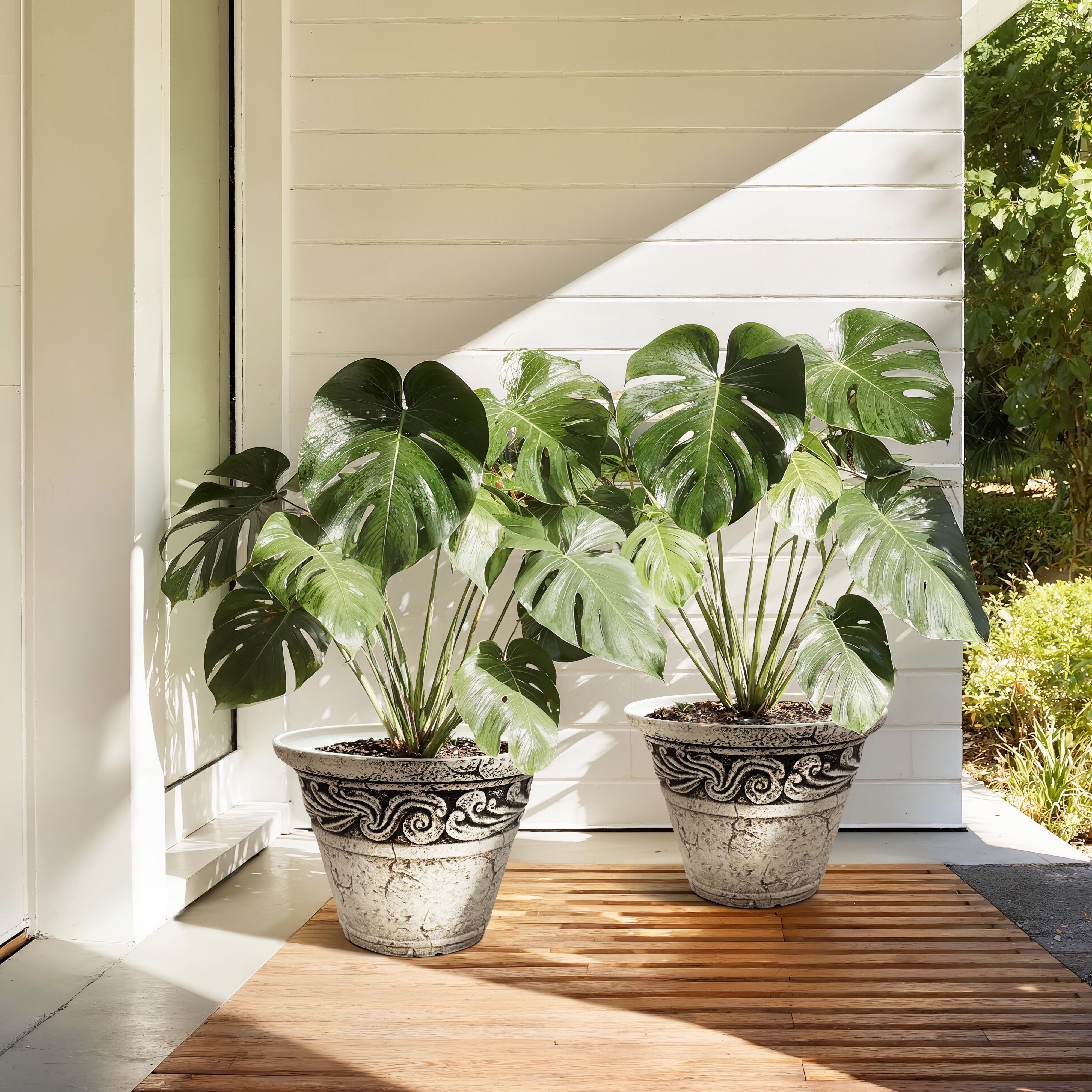 12 in. Dia Two-piece Set Of Classical Relief Flower Pots for Indoor/Outdoor Plants (Set of 2) in Black&White
