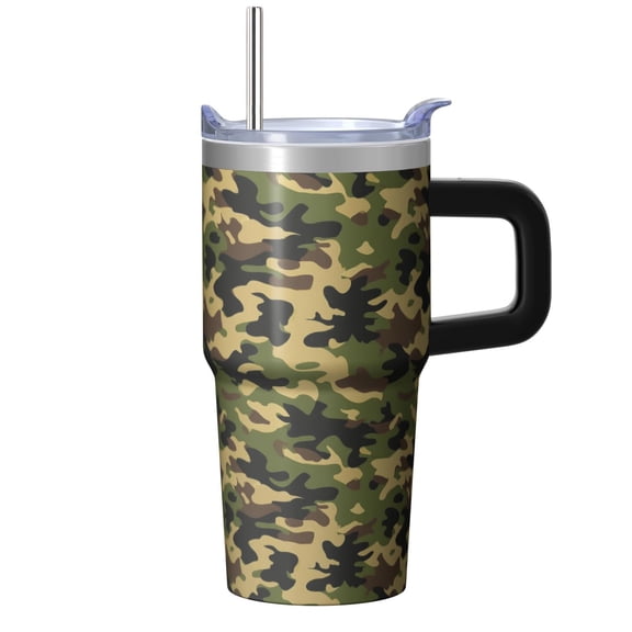 Camo 20oz Stainless Steel Tumbler with Handle and Straw – Insulated Travel Cup with Sliding Lid, 360° Full Wrap Printed Mug for Home, Outdoor & Sports Use, Camouflage
